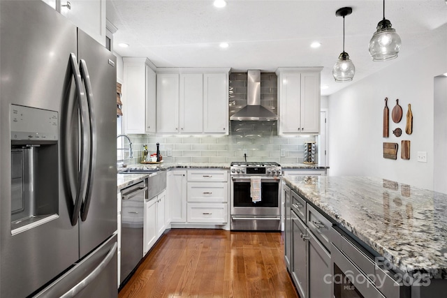 1181 Forest Lake Heights Dr, Nebo, NC 28761 - kitchen with stainless steel appliances, wall chimney range hood, white cabinets, dark wood-style flooring, and recessed lighting