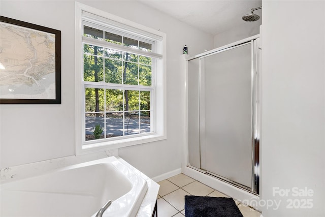 1181 Forest Lake Heights Dr, Nebo, NC 28761 - bathroom with a shower stall, tile patterned flooring, and a garden tub
