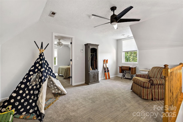 1181 Forest Lake Heights Dr, Nebo, NC 28761 - rec room with a ceiling fan, lofted ceiling, a textured ceiling, and carpet