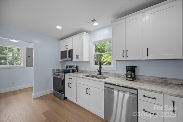 221 John C Logan Rd, Rutherfordton, NC 28139 - kitchen featuring appliances with stainless steel finishes, electric panel, healthy amount of natural light, white cabinetry, and recessed lighting