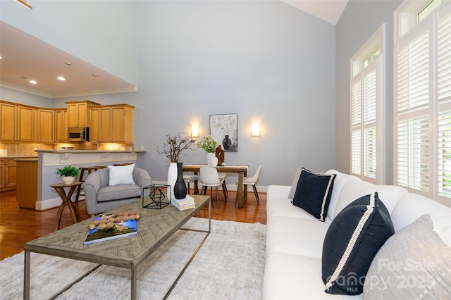 6312 Mission Pl, Charlotte, NC 28210 - living room with light wood-style floors, crown molding, recessed lighting, and lofted ceiling