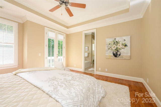 6312 Mission Pl, Charlotte, NC 28210 - unfurnished bedroom with wood finished floors, access to exterior, ensuite bathroom, crown molding, and a ceiling fan