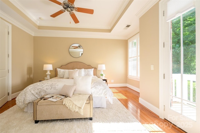 6312 Mission Pl, Charlotte, NC 28210 - bedroom with access to outside, multiple windows, a tray ceiling, light wood-style flooring, and ornamental molding