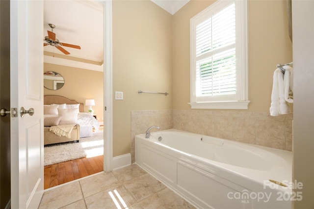 6312 Mission Pl, Charlotte, NC 28210 - full bathroom with ornamental molding, a bath, tile patterned flooring, ensuite bath, and a ceiling fan
