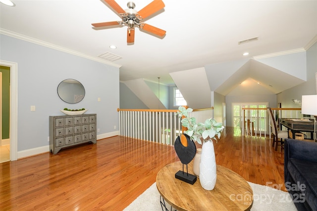 6312 Mission Pl, Charlotte, NC 28210 - living area featuring ceiling fan, ornamental molding, light wood-style flooring, and recessed lighting