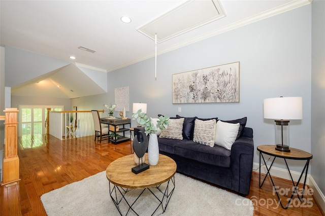 6312 Mission Pl, Charlotte, NC 28210 - living area with attic access, crown molding, wood finished floors, and recessed lighting