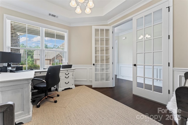 9547 Horsebit Ln, Concord, NC 28027 - office area featuring french doors, a chandelier, dark wood-type flooring, a decorative wall, and crown molding
