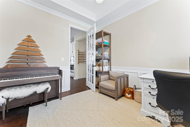9547 Horsebit Ln, Concord, NC 28027 - office with french doors, wood finished floors, a wainscoted wall, and crown molding