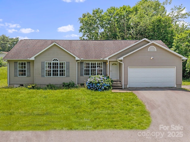 55 Wyatt St, Asheville, NC 28803 - ranch-style home with driveway, a garage, a front yard, and roof with shingles