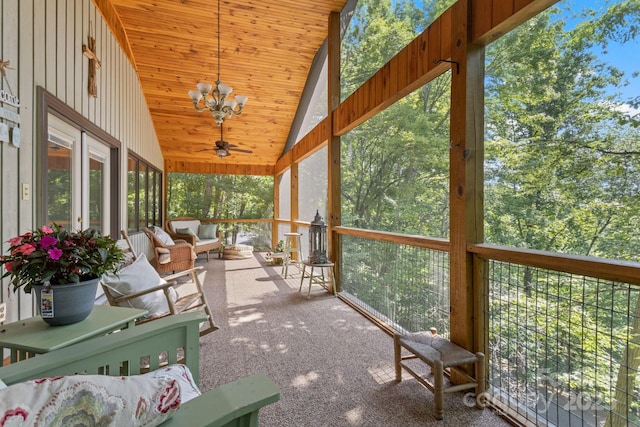 56 Cardinal Cir, Tryon, NC 28782 - sunroom / solarium with lofted ceiling, a ceiling fan, a chandelier, and outdoor lounge area