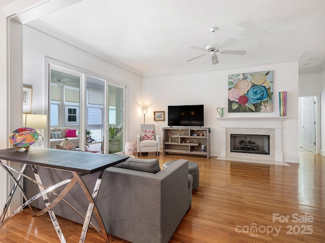 8918 Cotton Press Rd, Charlotte, NC 28277 - living area with ceiling fan, crown molding, wood finished floors, and a high end fireplace