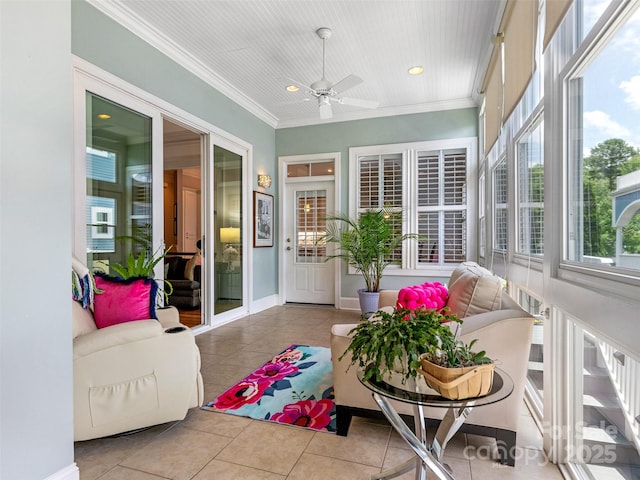 8918 Cotton Press Rd, Charlotte, NC 28277 - sunroom / solarium with ceiling fan, tile patterned floors, ornamental molding, and recessed lighting