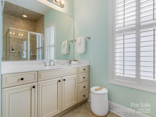 8918 Cotton Press Rd, Charlotte, NC 28277 - full bathroom with vanity, a shower stall, and tile patterned floors