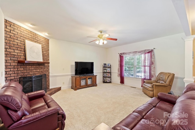 6309 Chamar Cir, Kannapolis, NC 28081 - living room with a fireplace, carpet flooring, and a ceiling fan