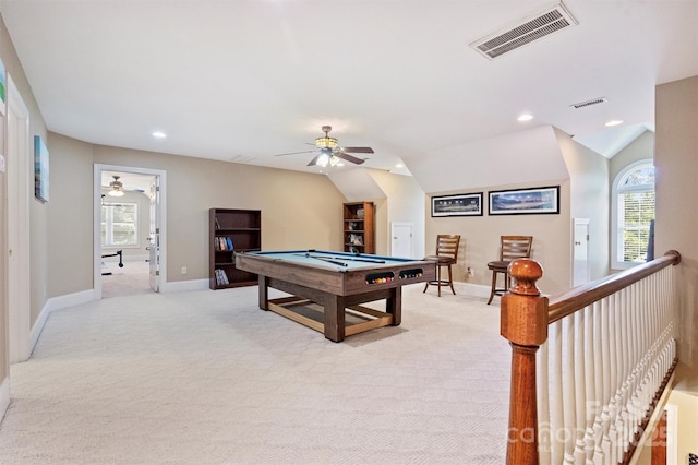 6309 Chamar Cir, Kannapolis, NC 28081 - game room featuring ceiling fan, light carpet, pool table, lofted ceiling, and recessed lighting
