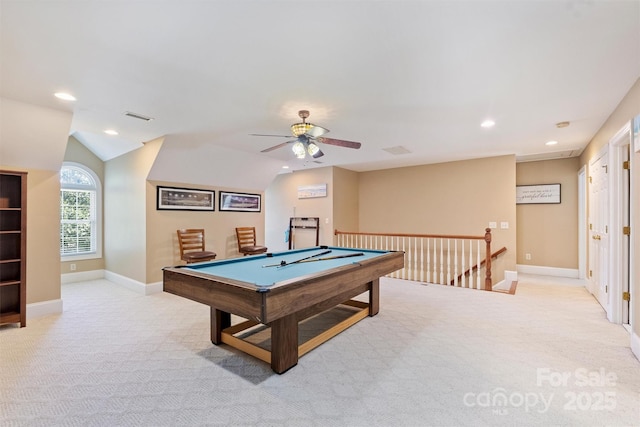 6309 Chamar Cir, Kannapolis, NC 28081 - playroom featuring light colored carpet, recessed lighting, a ceiling fan, pool table, and vaulted ceiling
