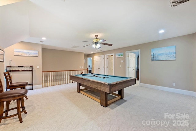 6309 Chamar Cir, Kannapolis, NC 28081 - playroom with billiards table, light colored carpet, ceiling fan, and recessed lighting