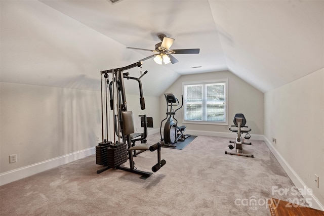 6309 Chamar Cir, Kannapolis, NC 28081 - workout room featuring a ceiling fan, lofted ceiling, and carpet flooring