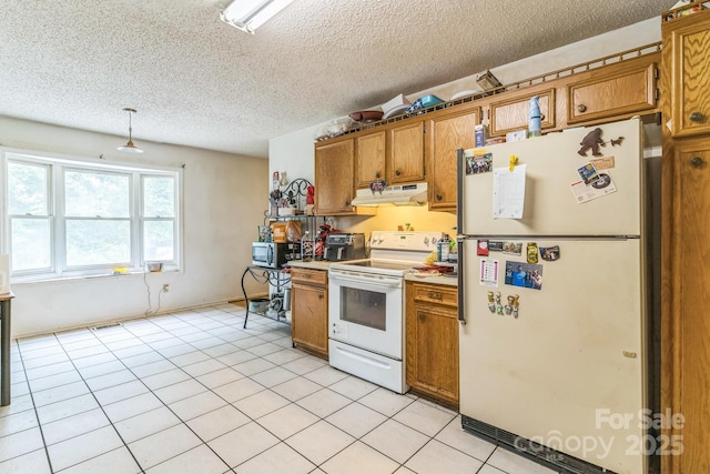 1713 Poe Cir, Hickory, NC 28601 - kitchen with white appliances, under cabinet range hood, brown cabinets, and a textured ceiling