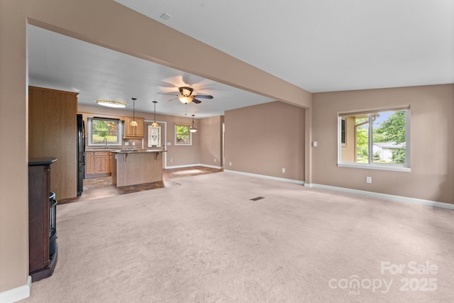 435 Pauline Ave, Franklin, NC 28734 - unfurnished living room featuring a wood stove, a ceiling fan, and light carpet