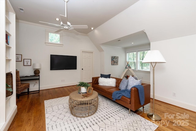 3408 Sandalwood Ln, Waxhaw, NC 28173 - living area featuring a ceiling fan, wood finished floors, crown molding, recessed lighting, and vaulted ceiling