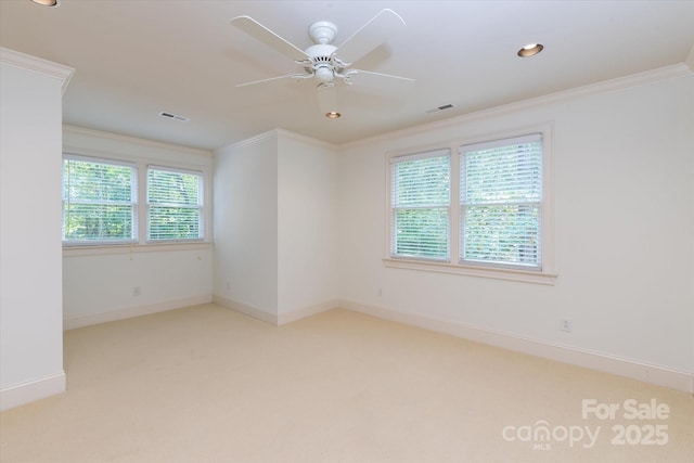 3408 Sandalwood Ln, Waxhaw, NC 28173 - spare room featuring crown molding, light carpet, a ceiling fan, and recessed lighting