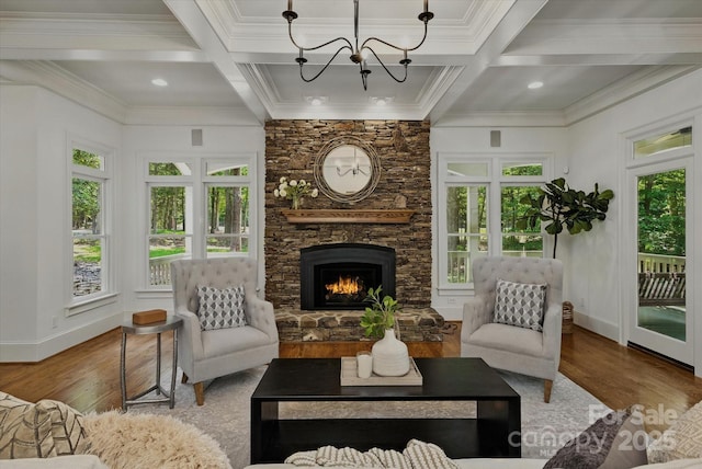 3408 Sandalwood Ln, Waxhaw, NC 28173 - living room featuring coffered ceiling, wood finished floors, plenty of natural light, a fireplace, and beamed ceiling
