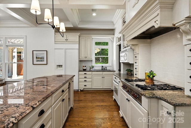 3408 Sandalwood Ln, Waxhaw, NC 28173 - kitchen with white appliances, premium range hood, dark wood-type flooring, tasteful backsplash, and beamed ceiling