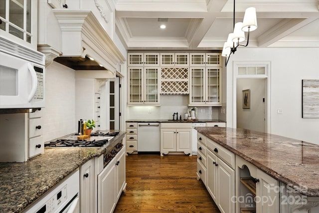 3408 Sandalwood Ln, Waxhaw, NC 28173 - kitchen with ornamental molding, white microwave, coffered ceiling, decorative backsplash, and dark wood-style floors