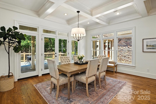 3408 Sandalwood Ln, Waxhaw, NC 28173 - dining space featuring coffered ceiling, healthy amount of natural light, french doors, a chandelier, and beamed ceiling