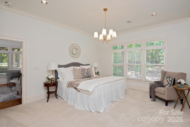 3408 Sandalwood Ln, Waxhaw, NC 28173 - bedroom featuring ornamental molding, a chandelier, carpet floors, and recessed lighting