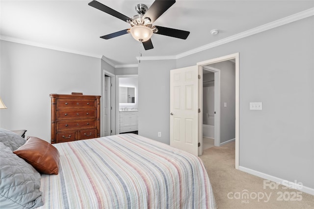 4103 Christine Ln Unit E, Waxhaw, NC 28173 - bedroom with light colored carpet, ornamental molding, ensuite bath, and a ceiling fan