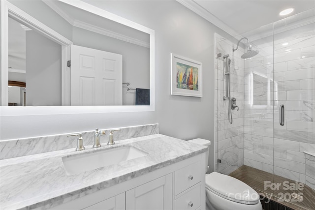 4103 Christine Ln Unit E, Waxhaw, NC 28173 - bathroom with a shower stall, vanity, ornamental molding, and recessed lighting