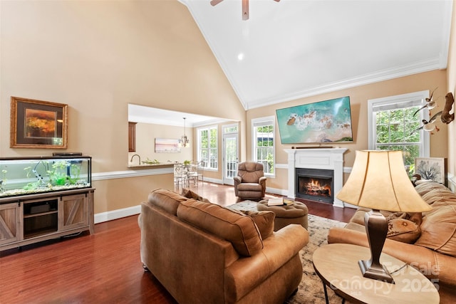 2074 Brandt Rd, York, SC 29745 - living room with ornamental molding, a ceiling fan, high vaulted ceiling, dark wood finished floors, and a fireplace with flush hearth
