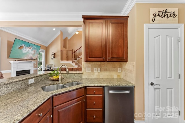 2074 Brandt Rd, York, SC 29745 - kitchen with dishwasher, light stone countertops, ornamental molding, decorative backsplash, and a fireplace