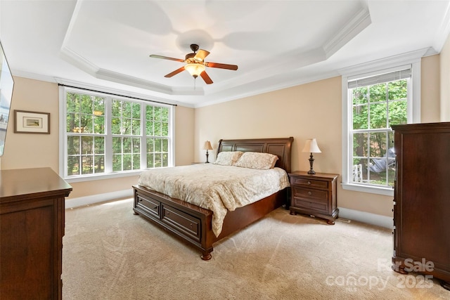 2074 Brandt Rd, York, SC 29745 - bedroom with a tray ceiling, light colored carpet, ornamental molding, and a ceiling fan