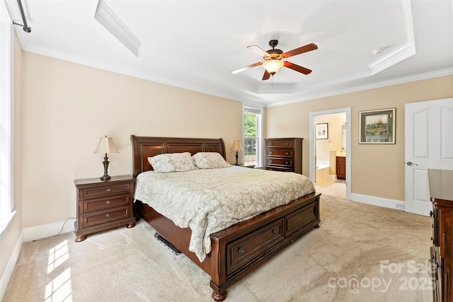 2074 Brandt Rd, York, SC 29745 - bedroom with a raised ceiling, light carpet, ornamental molding, connected bathroom, and ceiling fan