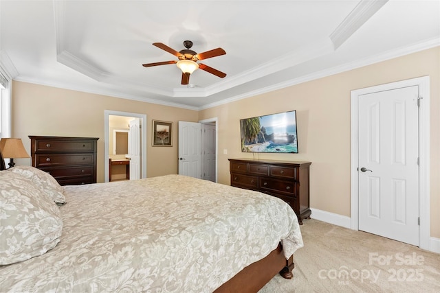 2074 Brandt Rd, York, SC 29745 - bedroom featuring a tray ceiling, ornamental molding, light carpet, ensuite bathroom, and ceiling fan