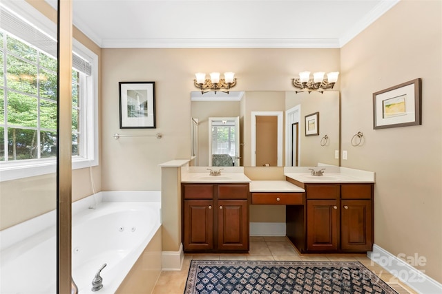2074 Brandt Rd, York, SC 29745 - full bath featuring double vanity, a chandelier, a tub with jets, tile patterned floors, and ornamental molding