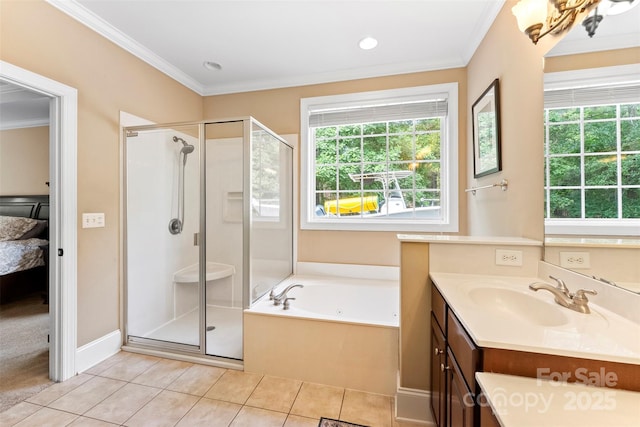 2074 Brandt Rd, York, SC 29745 - bathroom featuring vanity, a stall shower, crown molding, a jetted tub, and tile patterned floors
