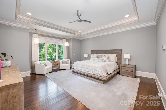 15603 June Washam Rd, Davidson, NC 28036 - bedroom featuring dark wood-type flooring, a tray ceiling, ornamental molding, recessed lighting, and a ceiling fan