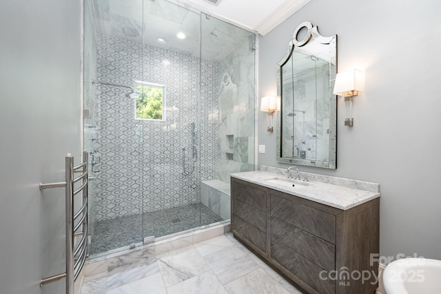15603 June Washam Rd, Davidson, NC 28036 - full bath featuring a shower stall, vanity, and marble look tile flooring