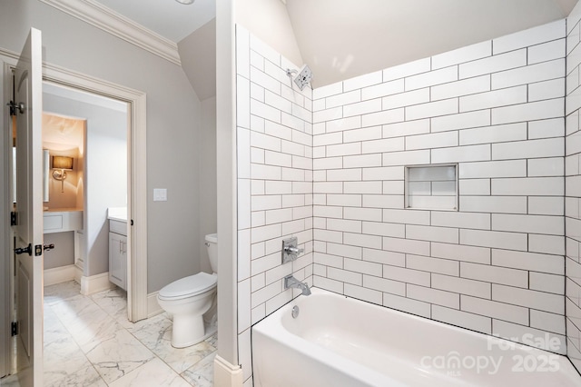 15603 June Washam Rd, Davidson, NC 28036 - bathroom featuring marble look tile flooring, ornamental molding, shower / tub combination, and vanity