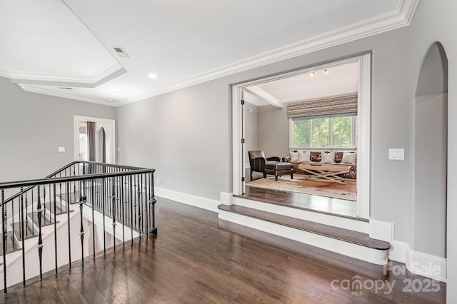 15603 June Washam Rd, Davidson, NC 28036 - corridor featuring wood finished floors, ornamental molding, an upstairs landing, arched walkways, and recessed lighting