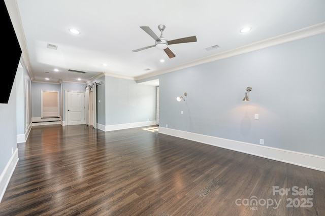 15603 June Washam Rd, Davidson, NC 28036 - unfurnished living room with a barn door, ornamental molding, a ceiling fan, recessed lighting, and dark wood-style flooring
