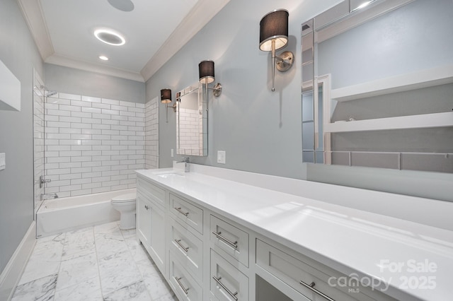 15603 June Washam Rd, Davidson, NC 28036 - full bathroom with ornamental molding, vanity, shower / bath combination, and marble look tiles