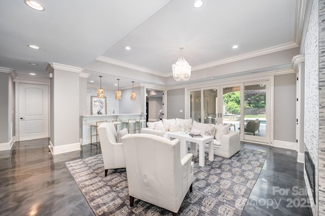 15603 June Washam Rd, Davidson, NC 28036 - living room with french doors, recessed lighting, ornamental molding, a chandelier, and ornate columns