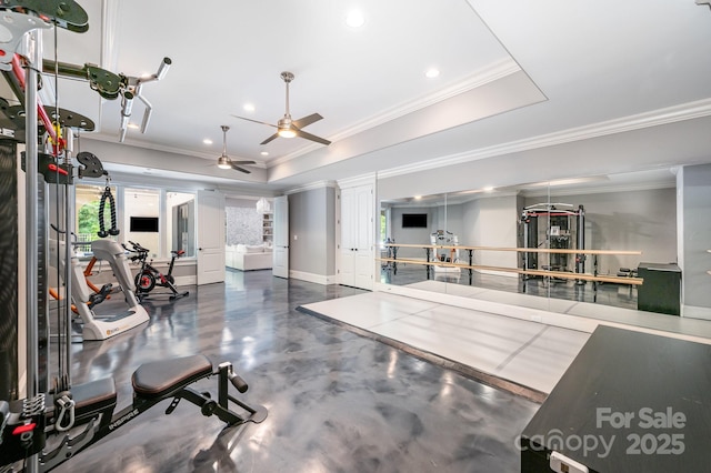 15603 June Washam Rd, Davidson, NC 28036 - miscellaneous room featuring concrete flooring, a raised ceiling, ornamental molding, ceiling fan, and recessed lighting