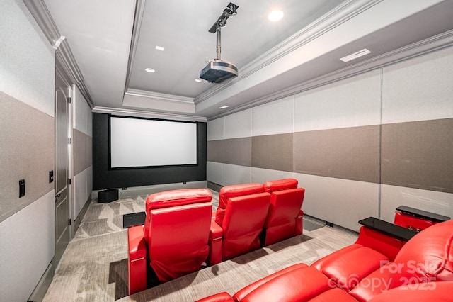 15603 June Washam Rd, Davidson, NC 28036 - home theater with crown molding, a tray ceiling, and recessed lighting