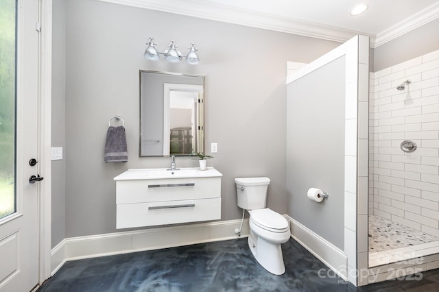 15603 June Washam Rd, Davidson, NC 28036 - full bath featuring ornamental molding, tiled shower, and vanity